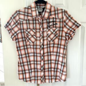 Harley Davidson Back Embroidered Orange & Black Plaid Button Down